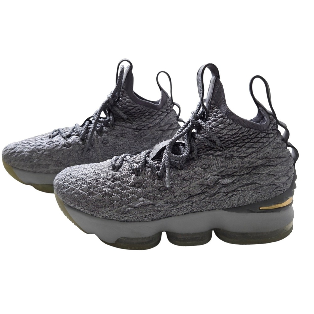 Nike LeBron 15 Kids Grey BattleKnit Basketball Shoes 6Y Gold Accents 922811-005